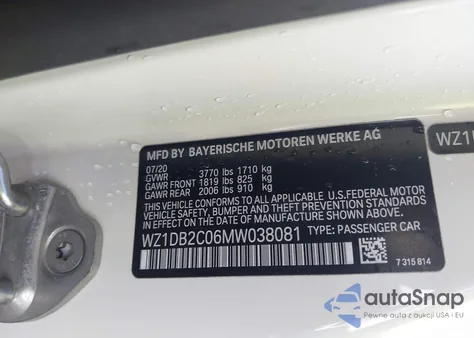 2021 Toyota Gr Supra 2.0 z USA, uszkodzony, nr VIN WZ1DB2C06MW038081